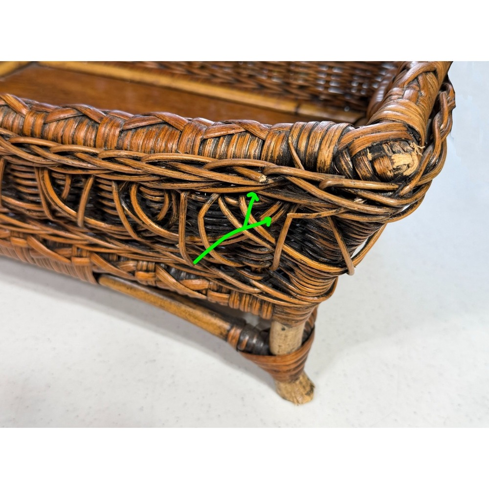 Vintage Footed Rattan Wicker Basket Tray Handles Wooden Base 17" x 13" - Picture 3 of 7